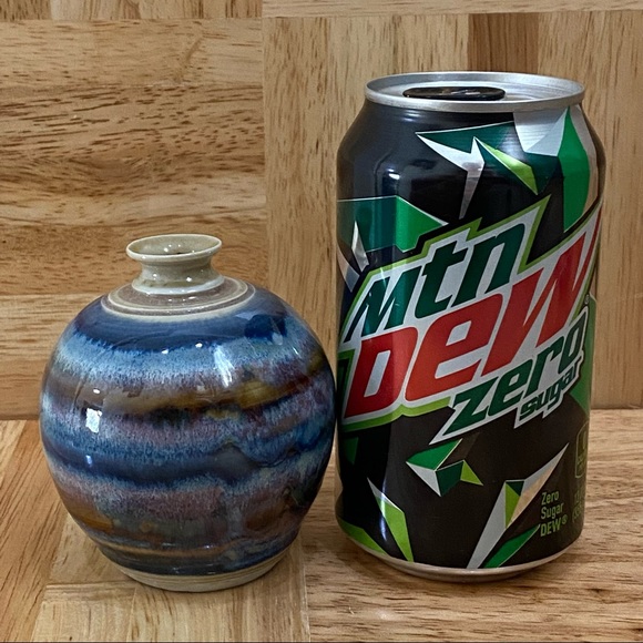 Vintage Blue/Brown Stripe Wave Glazed Ceramic Pottery 3.5” Mini Bud Vase - Picture 4 of 10